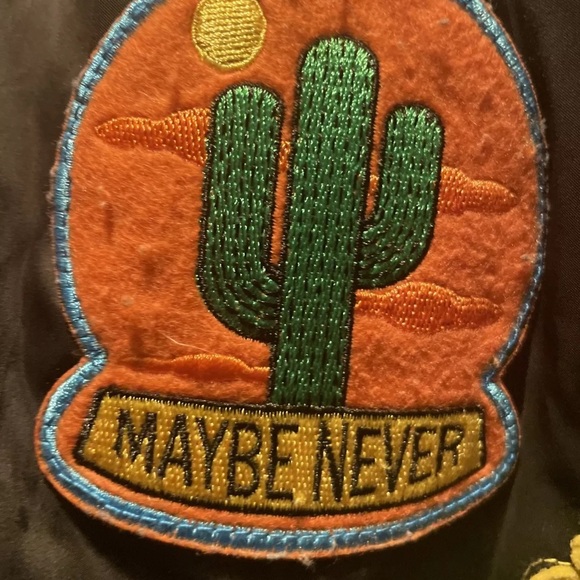 Y2K Bomber Jacket L Black Satiny Full Zip  Patches 42” Bust - Picture 7 of 10